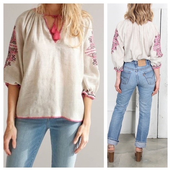 Ulla Johnson / Ada Top Embroidered Tassel flax blouse 2 - Picture 1 of 9